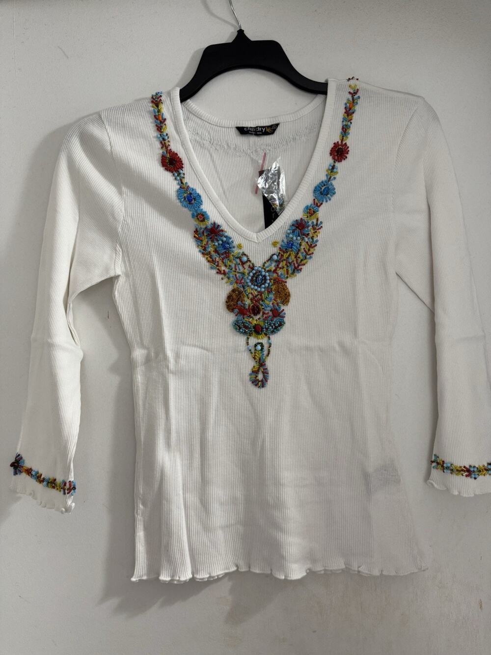 Chaudry KC Women’s White Ribbed Beaded Long Sleeve L Lettuce Trim 100% Cotton